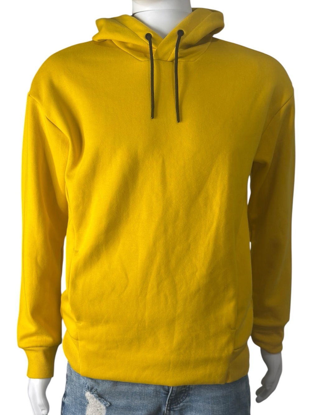 H&M Bright Yellow Pullover Hoodie with Black Drawstrings
